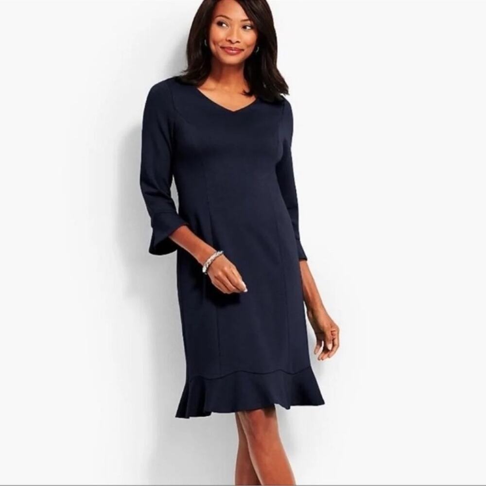 Talbots Navy Ponte Sheath Dress sz 2 Flounce Hem 3/4 Bell Sleeve V Neck Stretch